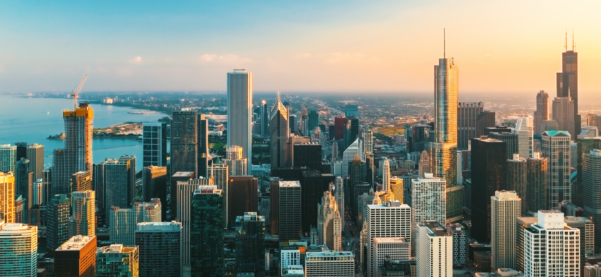 Aerial view of the Chicago downtown skyline at sunset