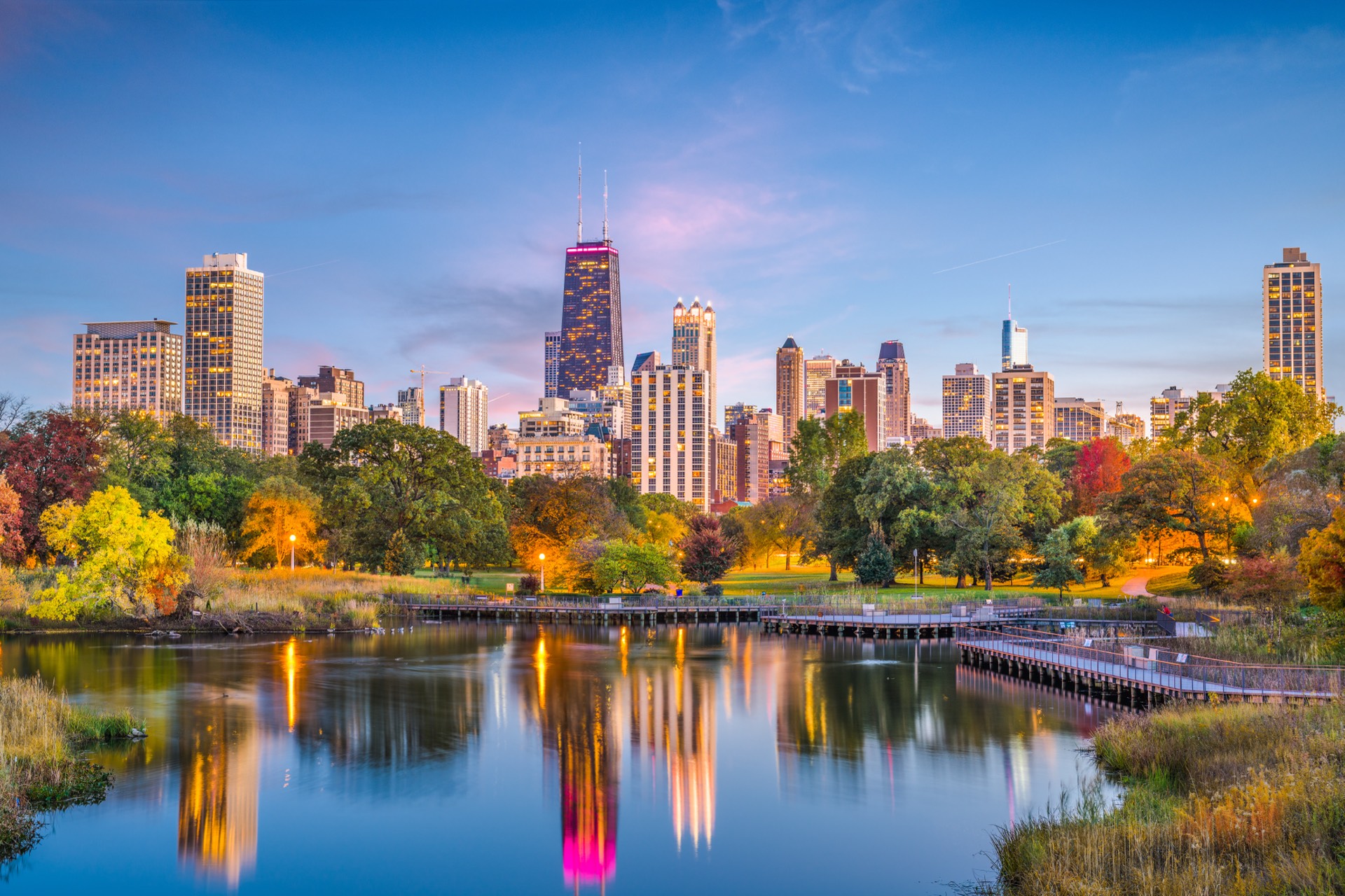 Chicago skyline from North Pond in Lincoln Park at dusk